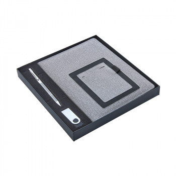 2420-K Gri Hediyelik Set - 15x21 Cepli Not Defteri - Metal Tükenmez Kalem - USB