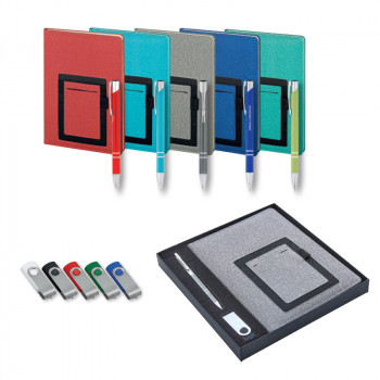 2420-K Kırmızı Hediyelik Set - 15x21 Cepli Not Defteri - Metal Tükenmez Kalem - USB