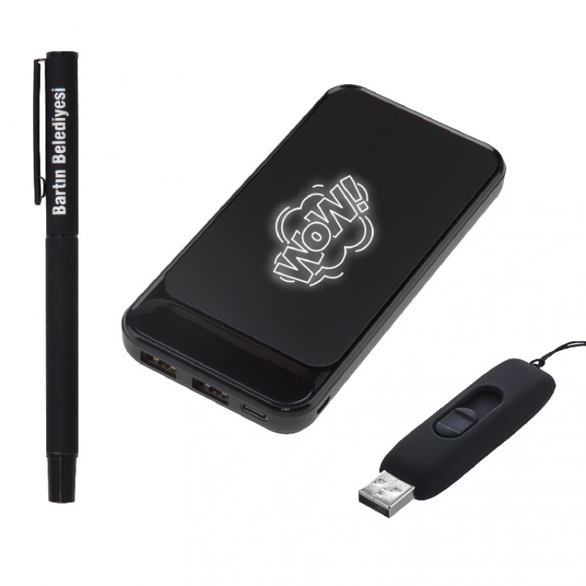 5057 Siyah Hediyelik Set - LED Işıklı 10.000mAh Powerbank - Usb Bellek - Rubber Metal Kalem