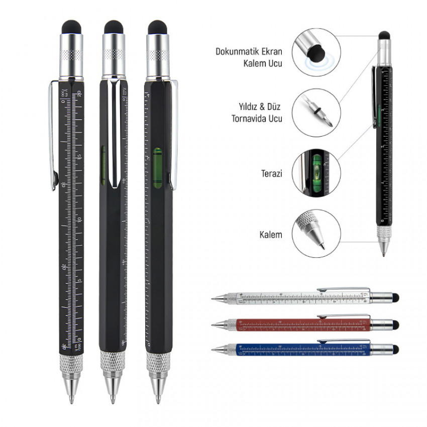 652 Silver Metal Su Terazili - Tornavidalı Touchpen Kalem