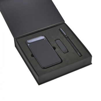5057 Siyah Hediyelik Set - Led işıklı 10.000Mah Powerbank - Led işıklı Usb Bellek Led işıklı Rubber Metal Kalem