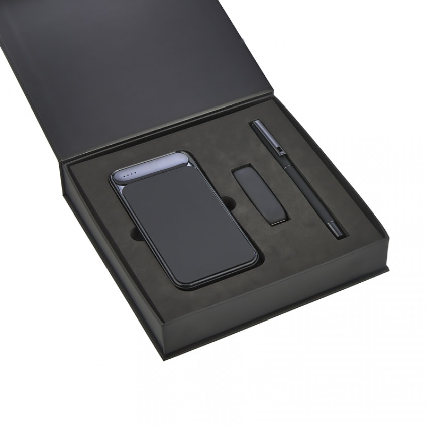 5057 Siyah Hediyelik Set - Led işıklı 10.000Mah Powerbank - Led işıklı Usb Bellek Led işıklı Rubber Metal Kalem