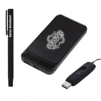 5057 Siyah Hediyelik Set - Led işıklı 10.000Mah Powerbank - Led işıklı Usb Bellek Led işıklı Rubber Metal Kalem