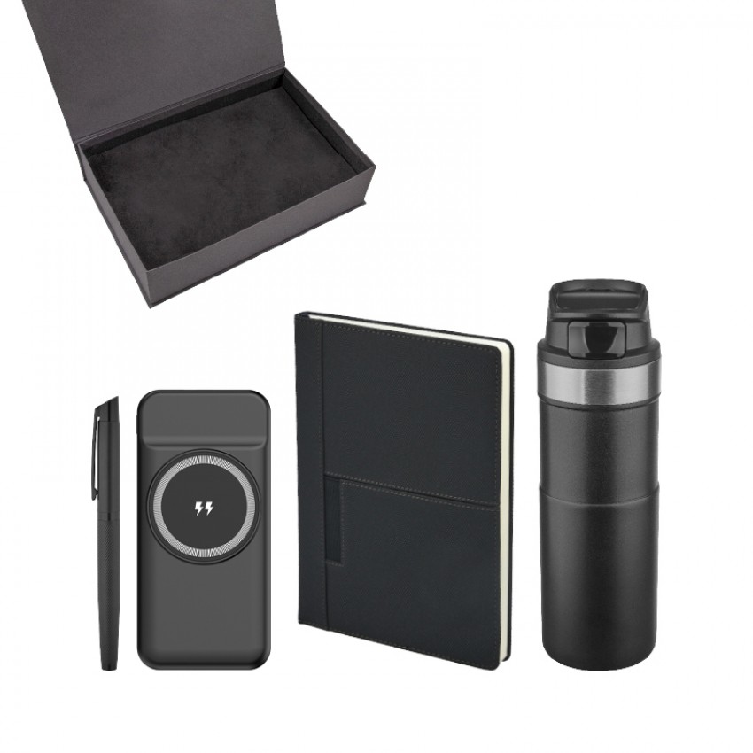 5077 Siyah Kalem & Defter & Powerbank & Termos Set